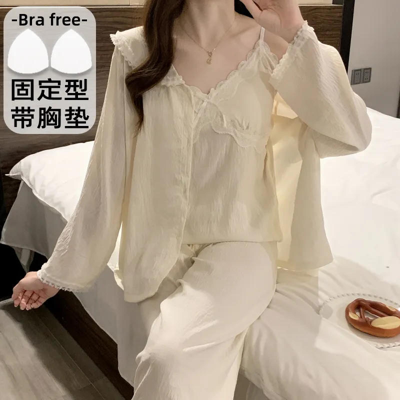 Sleep Beauty Cloud Cotton Pajamas for Women Spring Autumn with Chest Pad Long Sleeve Plus Size 230 Jin Three-Piece Set Loungewear Outerwear · Wholesale · OEM · Worldwide Shipping - View 1