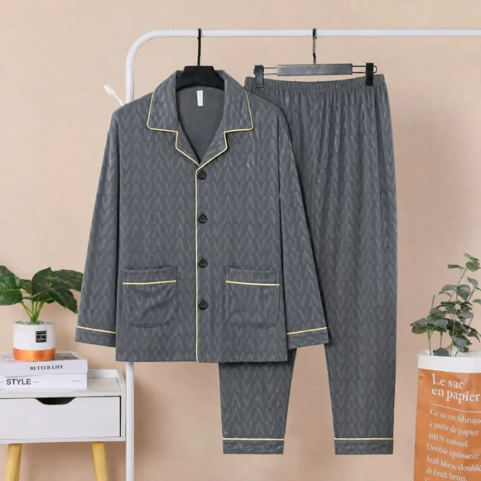 Sleep Beauty Winter Double-Sided German Velvet Jacquard Lapel Men's Pajamas Premium Light Luxury Long-Sleeve Loungewear for Outings · Wholesale · OEM · Worldwide Shipping - Detail 6