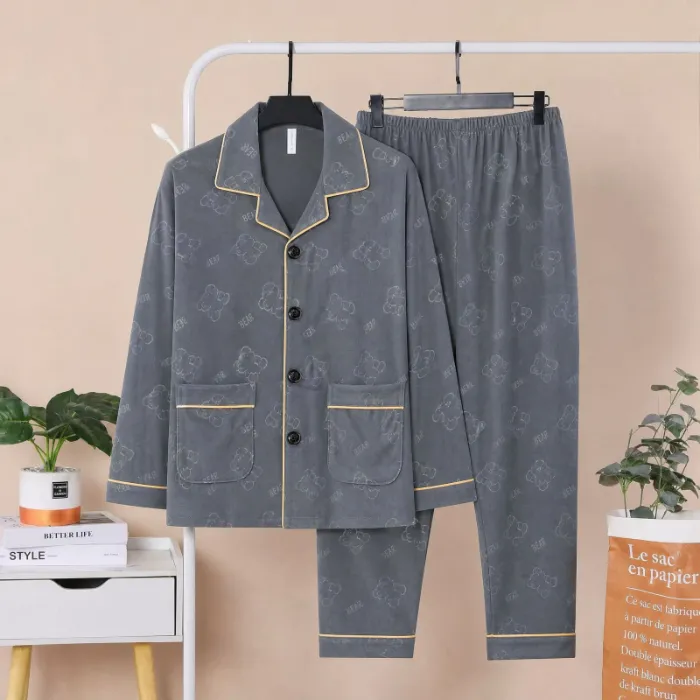 Sleep Beauty Winter Double-Sided German Velvet Jacquard Lapel Men's Pajamas Premium Light Luxury Long-Sleeve Loungewear for Outings · Wholesale · OEM · Worldwide Shipping - Detail 3