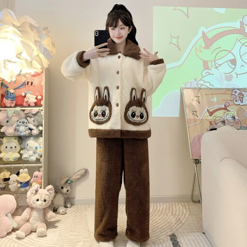 Shuimeifu Half Fleece Pajamas Women Sweet Casual Style Long Sleeve Long Pants Plus Size 110kg Homewear Outer Wear · Wholesale · OEM · Worldwide Shipping - View 3