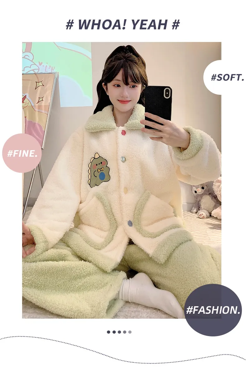 Shuimeifu Half Fleece Pajamas Women Sweet Casual Style Long Sleeve Long Pants Plus Size 110kg Homewear Outer Wear · Wholesale · OEM · Worldwide Shipping - Detail 9