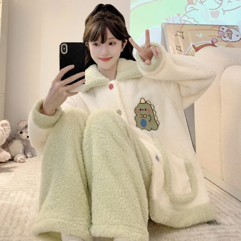 Shuimeifu Half Fleece Pajamas Women Sweet Casual Style Long Sleeve Long Pants Plus Size 110kg Homewear Outer Wear · Wholesale · OEM · Worldwide Shipping
