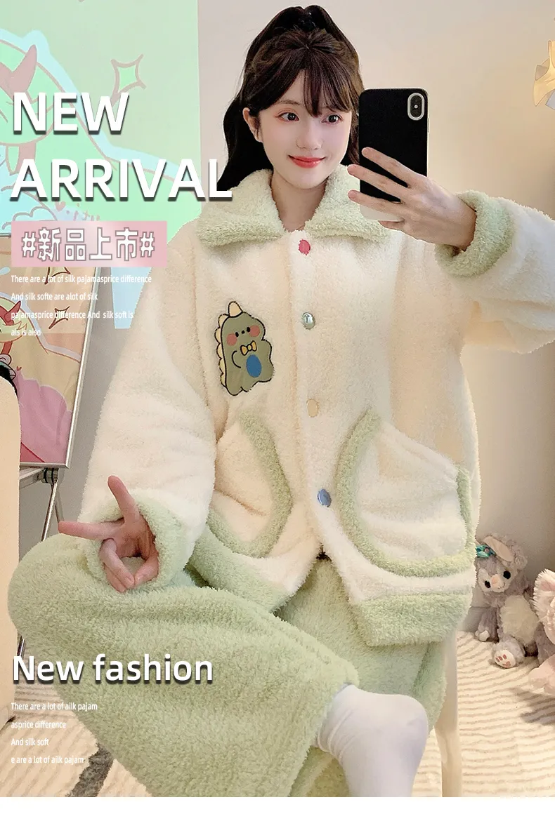 Shuimeifu Half Fleece Pajamas Women Sweet Casual Style Long Sleeve Long Pants Plus Size 110kg Homewear Outer Wear · Wholesale · OEM · Worldwide Shipping - Detail 1