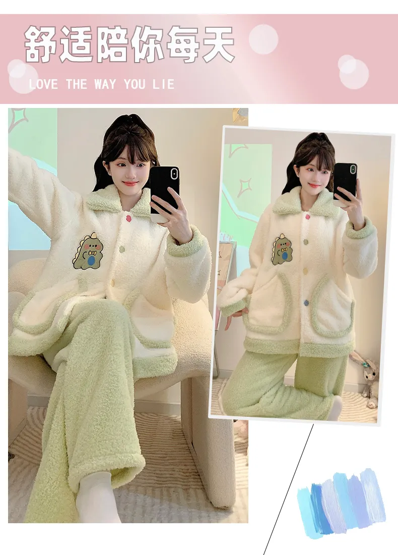 Shuimeifu Half Fleece Pajamas Women Sweet Casual Style Long Sleeve Long Pants Plus Size 110kg Homewear Outer Wear · Wholesale · OEM · Worldwide Shipping - Detail 7