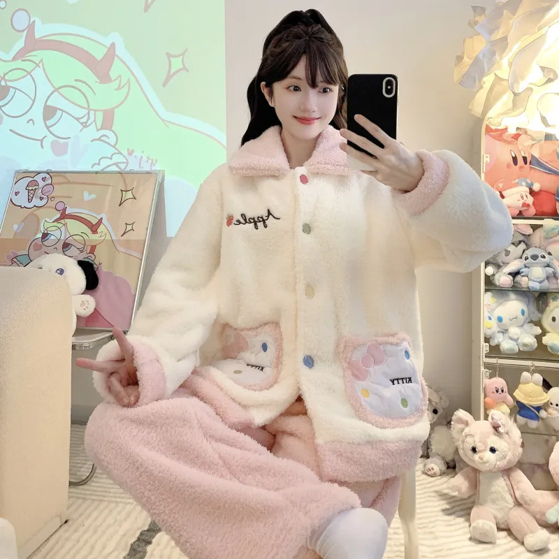 Shuimeifu Half Fleece Pajamas Women Sweet Casual Style Long Sleeve Long Pants Plus Size 110kg Homewear Outer Wear · Wholesale · OEM · Worldwide Shipping - View 1