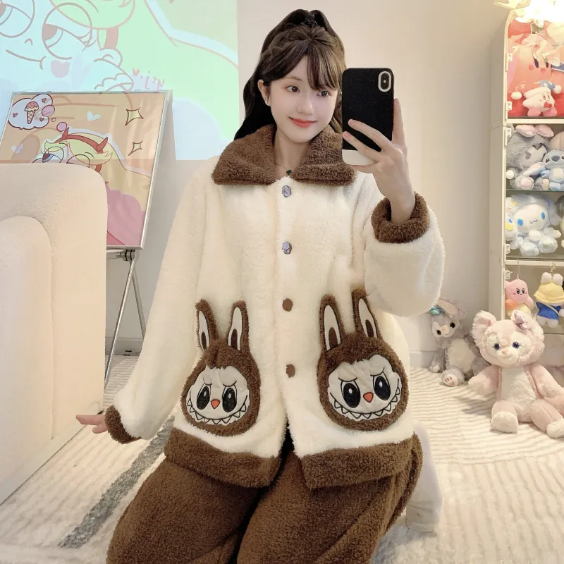 Shuimeifu Half Fleece Pajamas Women Sweet Casual Style Long Sleeve Long Pants Plus Size 110kg Homewear Outer Wear · Wholesale · OEM · Worldwide Shipping - View 2