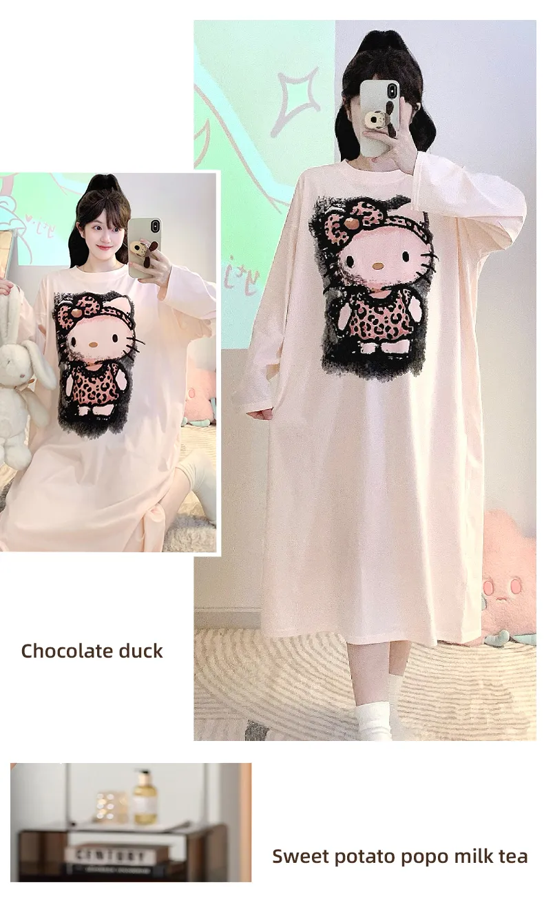 Shuimeifu Piyama Wanita Musim Panas Katun Murni Lycra, Kartun, Lengan Panjang, Panjang Sedang, Longgar, Gaun Tidur, Pakaian Rumah Bisa Dipakai Keluar · Grosir · OEM · Pengiriman Global - Detail 12
