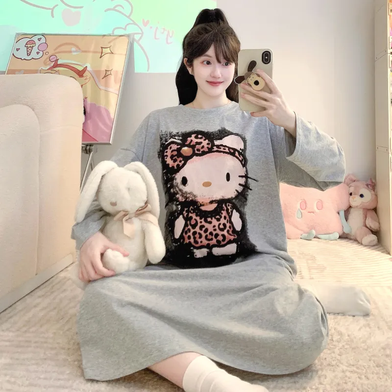 Pure Cotton Lycra Pajamas Women's Summer Cartoon Long Sleeve Midi Loose Nightdress Loungewear Wearable Outside · Wholesale · OEM · Worldwide Shipping