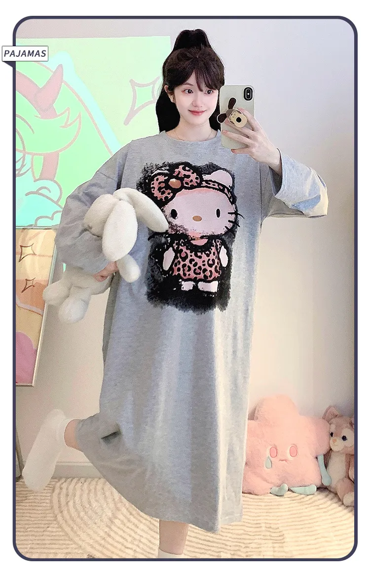 Shuimeifu Piyama Wanita Musim Panas Katun Murni Lycra, Kartun, Lengan Panjang, Panjang Sedang, Longgar, Gaun Tidur, Pakaian Rumah Bisa Dipakai Keluar · Grosir · OEM · Pengiriman Global - Detail 10