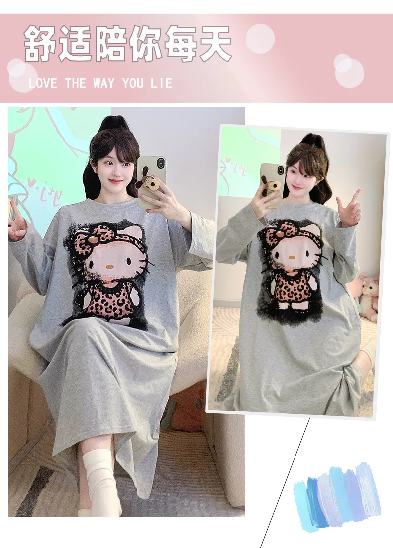 Shuimeifu Piyama Wanita Musim Panas Katun Murni Lycra, Kartun, Lengan Panjang, Panjang Sedang, Longgar, Gaun Tidur, Pakaian Rumah Bisa Dipakai Keluar · Grosir · OEM · Pengiriman Global - Detail 7