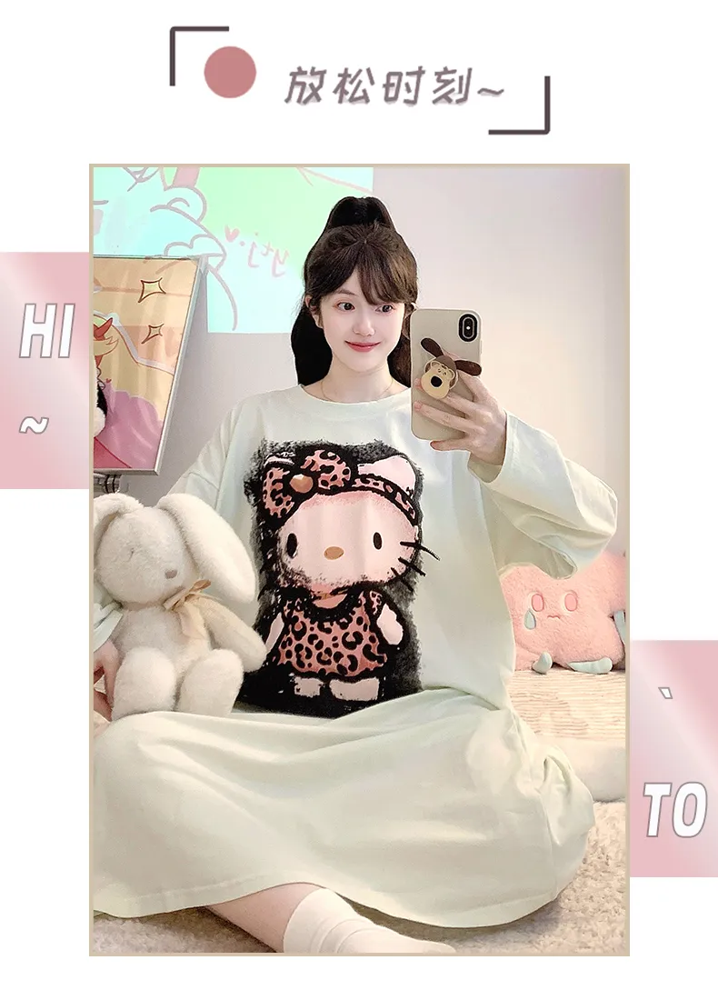 Shuimeifu Piyama Wanita Musim Panas Katun Murni Lycra, Kartun, Lengan Panjang, Panjang Sedang, Longgar, Gaun Tidur, Pakaian Rumah Bisa Dipakai Keluar · Grosir · OEM · Pengiriman Global - Detail 15