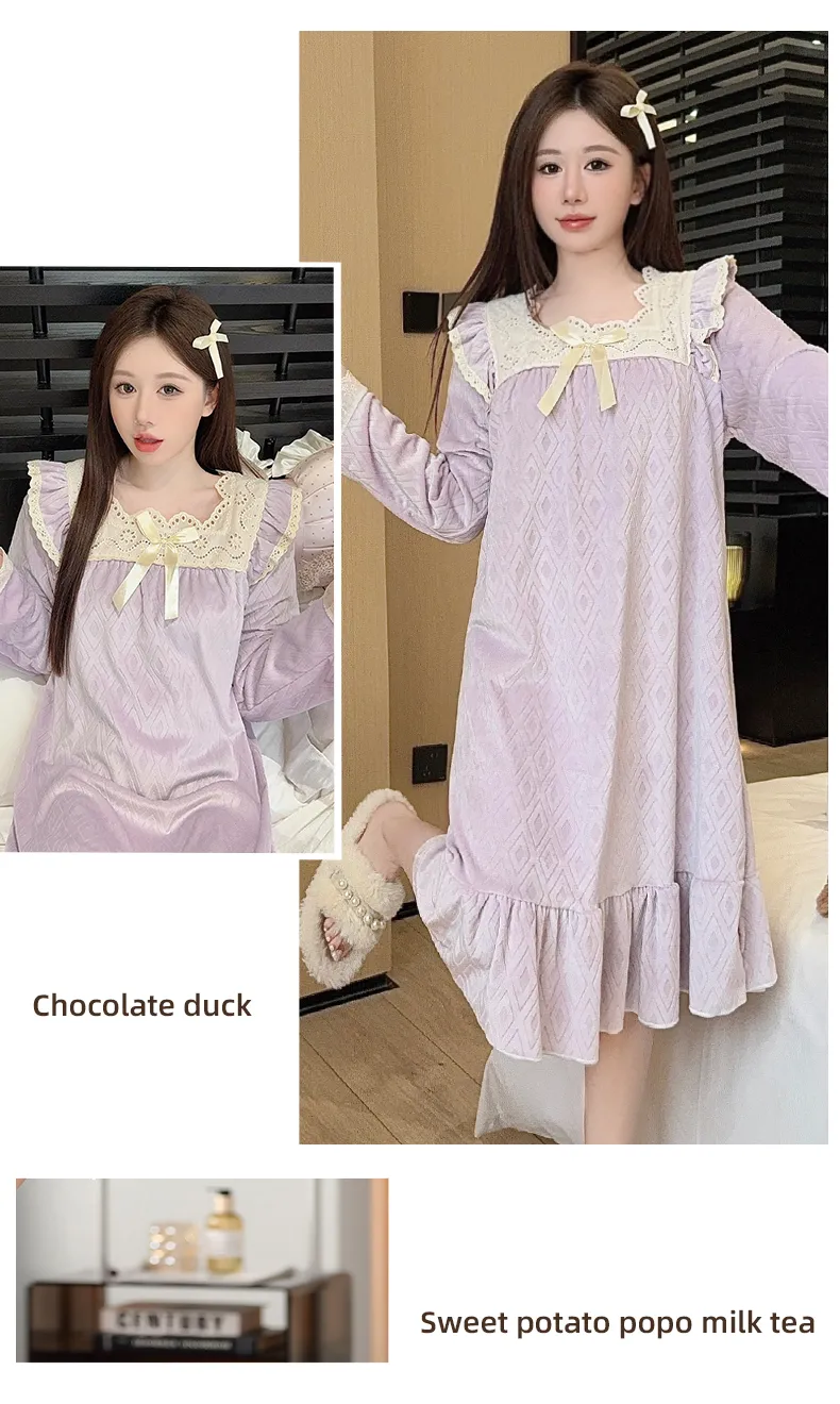 Sleep Beauty French-Style Palace-Inspired Island Velvet Nightdress Women Autumn Winter Sweet Gentle Premium Feel Internet-Famous Loungewear · Wholesale · OEM · Worldwide Shipping - Detail 12