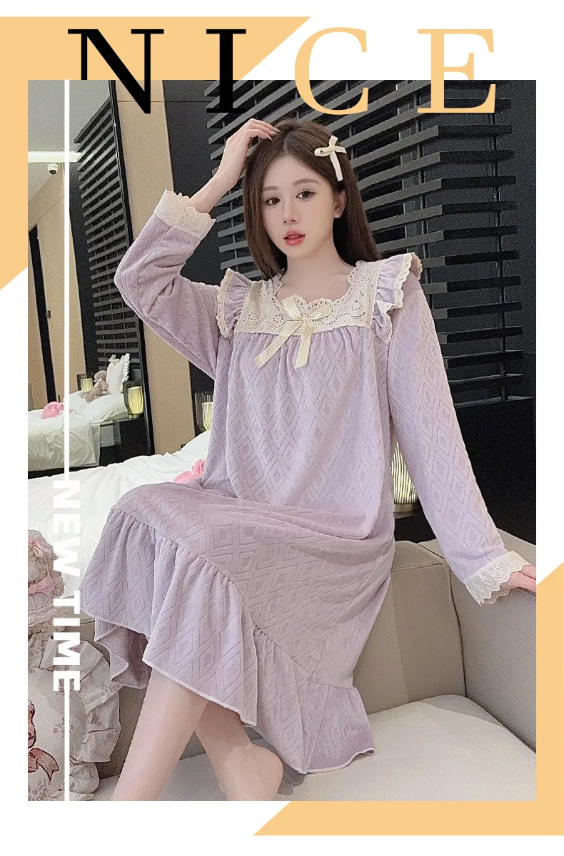 Sleep Beauty French-Style Palace-Inspired Island Velvet Nightdress Women Autumn Winter Sweet Gentle Premium Feel Internet-Famous Loungewear · Wholesale · OEM · Worldwide Shipping - Detail 11