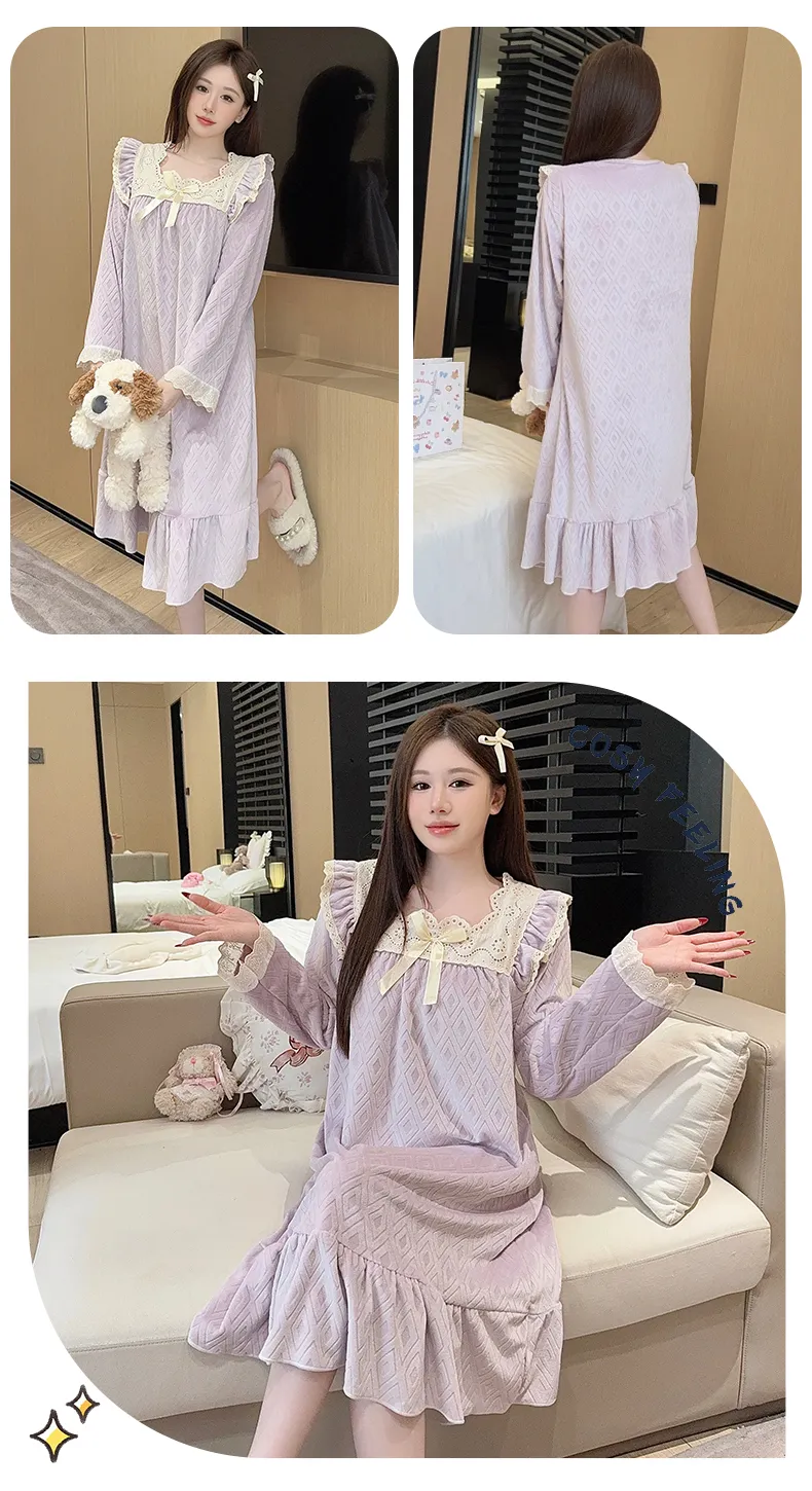 Sleep Beauty French-Style Palace-Inspired Island Velvet Nightdress Women Autumn Winter Sweet Gentle Premium Feel Internet-Famous Loungewear · Wholesale · OEM · Worldwide Shipping - Detail 14
