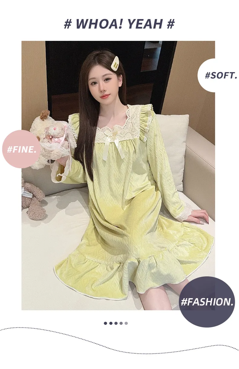Sleep Beauty French-Style Palace-Inspired Island Velvet Nightdress Women Autumn Winter Sweet Gentle Premium Feel Internet-Famous Loungewear · Wholesale · OEM · Worldwide Shipping - Detail 9