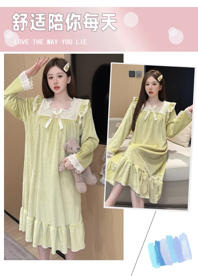 Sleep Beauty French-Style Palace-Inspired Island Velvet Nightdress Women Autumn Winter Sweet Gentle Premium Feel Internet-Famous Loungewear · Wholesale · OEM · Worldwide Shipping - Detail 7