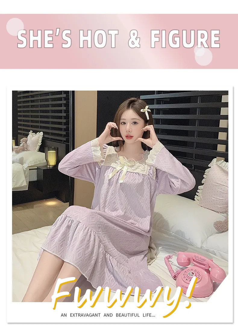 Sleep Beauty French-Style Palace-Inspired Island Velvet Nightdress Women Autumn Winter Sweet Gentle Premium Feel Internet-Famous Loungewear · Wholesale · OEM · Worldwide Shipping - Detail 13