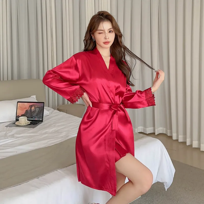 Shuimeifu Women's Sexy Western-Style Two-Piece Sleepwear Set, Floral Print Faux Silk Camisole Dress with Robe, Long Sleeve Spring/Autumn · Wholesale · OEM · Worldwide Shipping - View 2