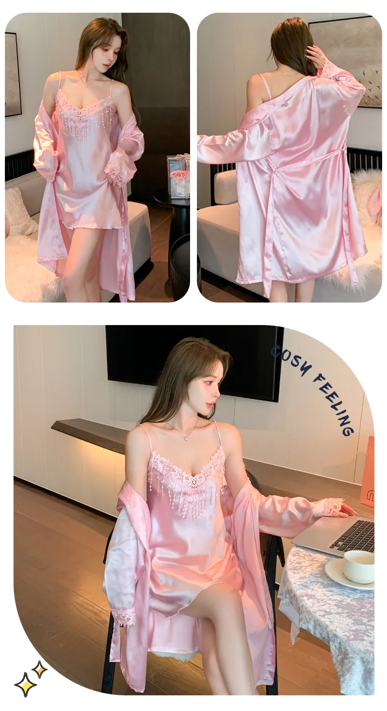 Shuimeifu Women's Sexy Western-Style Two-Piece Sleepwear Set, Solid Color Lace Trim Faux Silk Camisole Dress with Robe, Long Sleeve Spring/Autumn · Wholesale · OEM · Worldwide Shipping - Detail 30