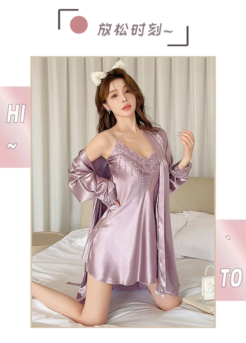 Shuimeifu Women's Sexy Western-Style Two-Piece Sleepwear Set, Floral Print Faux Silk Camisole Dress with Robe, Long Sleeve Spring/Autumn · Wholesale · OEM · Worldwide Shipping - Detail 15