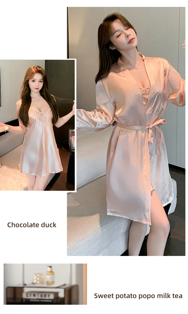 Shuimeifu Women's Sexy Western-Style Two-Piece Sleepwear Set, Solid Color Lace Trim Faux Silk Camisole Dress with Robe, Long Sleeve Spring/Autumn · Wholesale · OEM · Worldwide Shipping - Detail 20