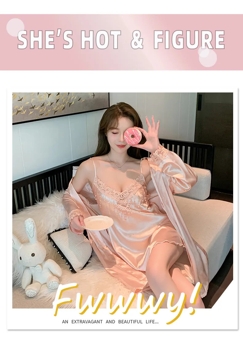 Shuimeifu Women's Sexy Western-Style Two-Piece Sleepwear Set, Solid Color Lace Trim Faux Silk Camisole Dress with Robe, Long Sleeve Spring/Autumn · Wholesale · OEM · Worldwide Shipping - Detail 21
