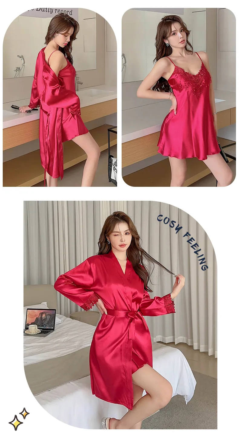 Shuimeifu Women's Sexy Western-Style Two-Piece Sleepwear Set, Solid Color Lace Trim Faux Silk Camisole Dress with Robe, Long Sleeve Spring/Autumn · Wholesale · OEM · Worldwide Shipping - Detail 14