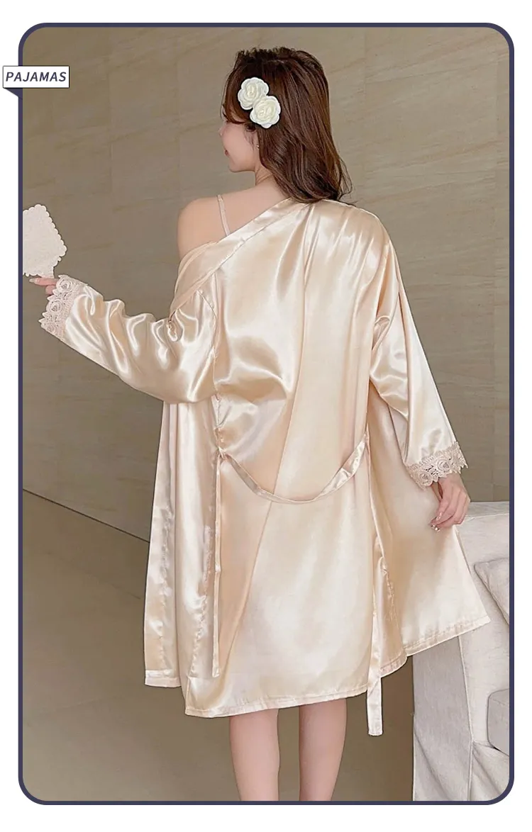 Shuimeifu Women's Sexy Western-Style Two-Piece Sleepwear Set, Solid Color Lace Trim Faux Silk Camisole Dress with Robe, Long Sleeve Spring/Autumn · Wholesale · OEM · Worldwide Shipping - Detail 10