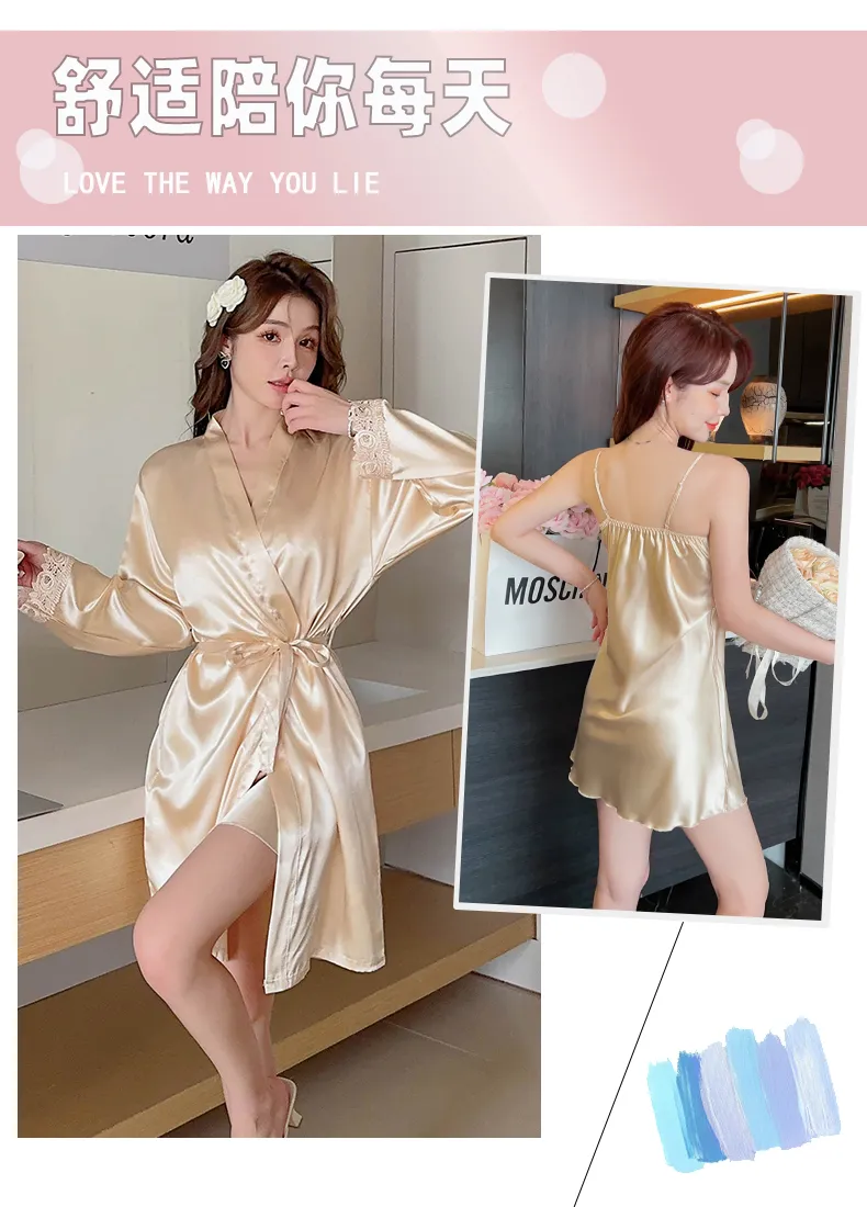 Shuimeifu Women's Sexy Western-Style Two-Piece Sleepwear Set, Solid Color Lace Trim Faux Silk Camisole Dress with Robe, Long Sleeve Spring/Autumn · Wholesale · OEM · Worldwide Shipping - Detail 7