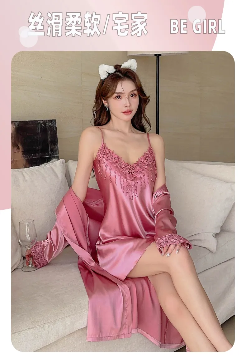 Shuimeifu Women's Sexy Western-Style Two-Piece Sleepwear Set, Floral Print Faux Silk Camisole Dress with Robe, Long Sleeve Spring/Autumn · Wholesale · OEM · Worldwide Shipping - Detail 33