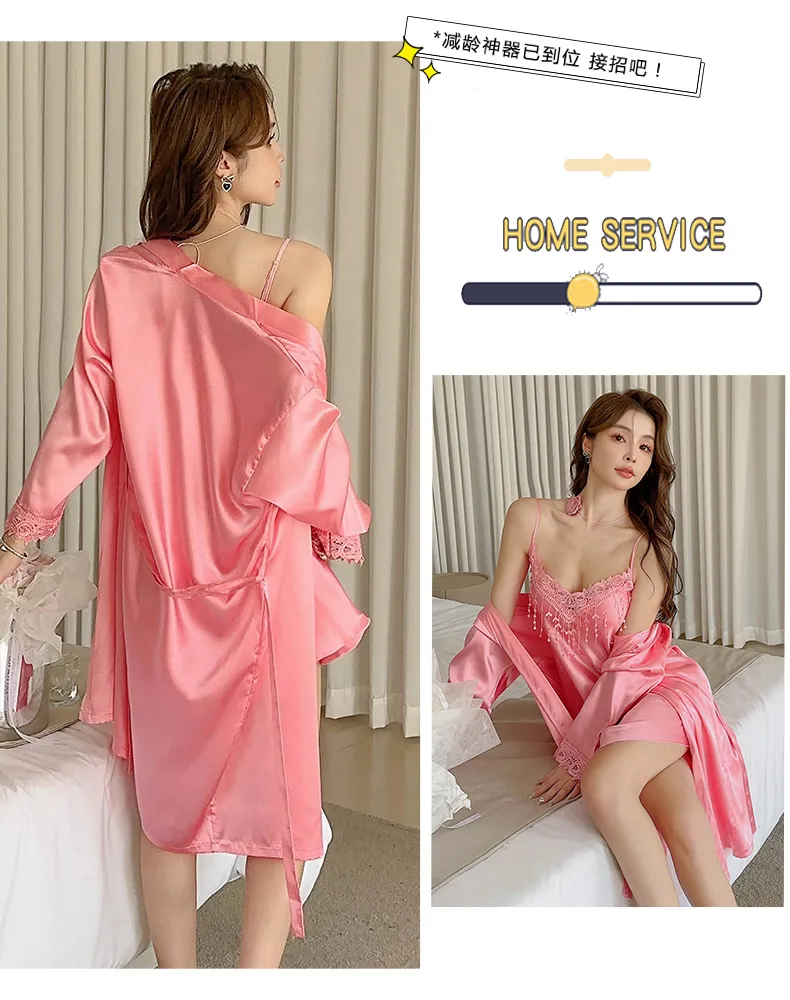 Shuimeifu Women's Sexy Western-Style Two-Piece Sleepwear Set, Solid Color Lace Trim Faux Silk Camisole Dress with Robe, Long Sleeve Spring/Autumn · Wholesale · OEM · Worldwide Shipping - Detail 24