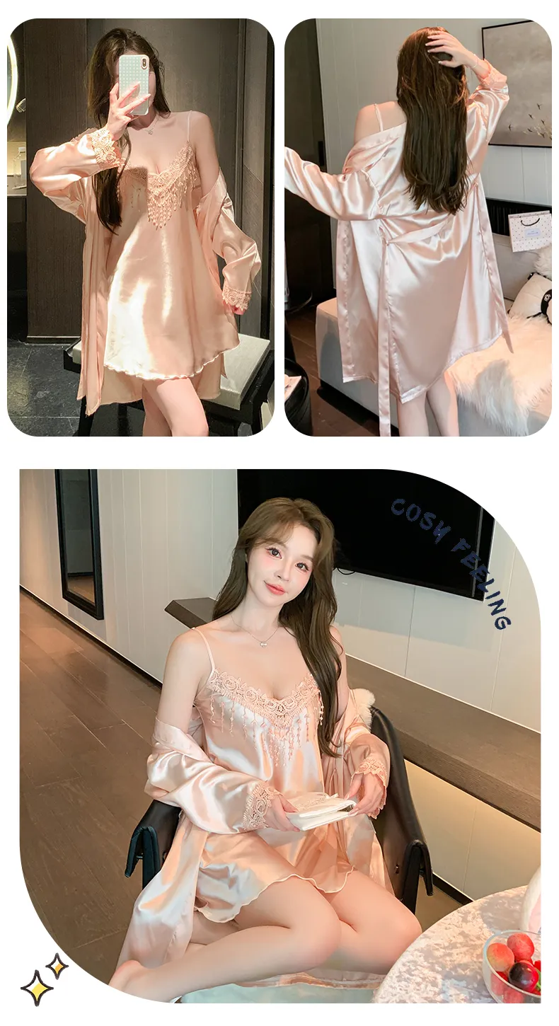 Shuimeifu Women's Sexy Western-Style Two-Piece Sleepwear Set, Solid Color Lace Trim Faux Silk Camisole Dress with Robe, Long Sleeve Spring/Autumn · Wholesale · OEM · Worldwide Shipping - Detail 22