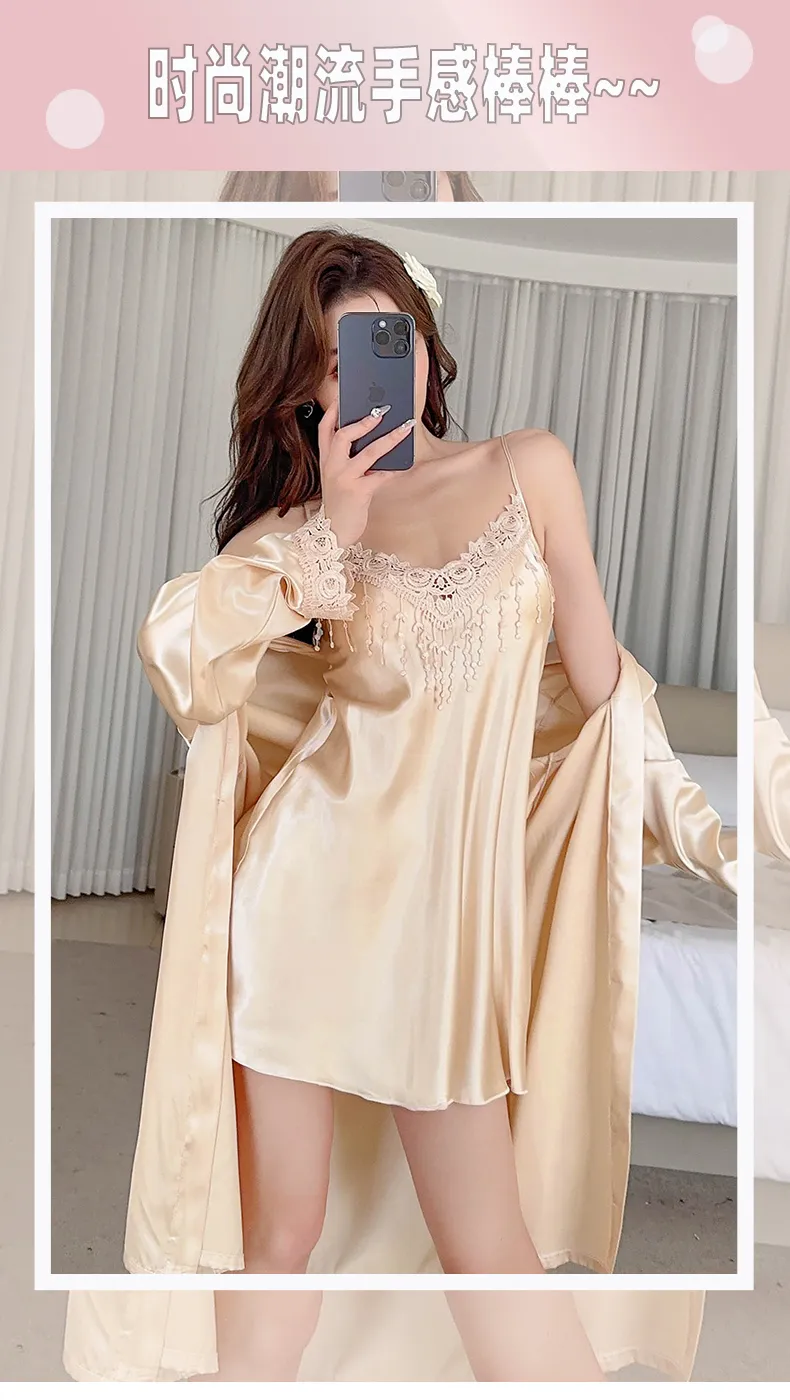 Shuimeifu Women's Sexy Western-Style Two-Piece Sleepwear Set, Solid Color Lace Trim Faux Silk Camisole Dress with Robe, Long Sleeve Spring/Autumn · Wholesale · OEM · Worldwide Shipping - Detail 2