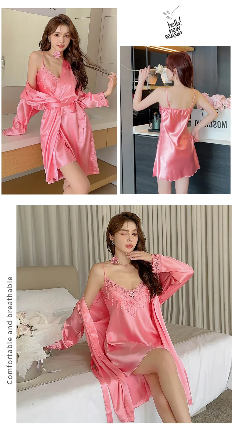 Shuimeifu Women's Sexy Western-Style Two-Piece Sleepwear Set, Floral Print Faux Silk Camisole Dress with Robe, Long Sleeve Spring/Autumn · Wholesale · OEM · Worldwide Shipping - Detail 26