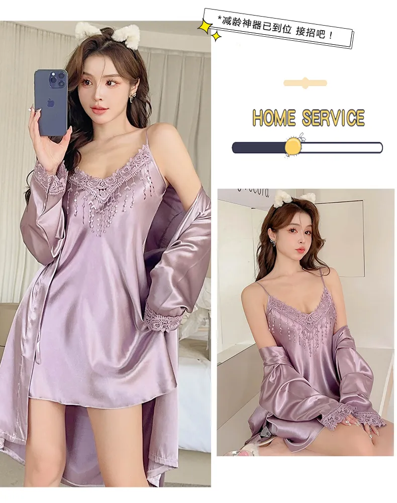 Shuimeifu Women's Sexy Western-Style Two-Piece Sleepwear Set, Floral Print Faux Silk Camisole Dress with Robe, Long Sleeve Spring/Autumn · Wholesale · OEM · Worldwide Shipping - Detail 16