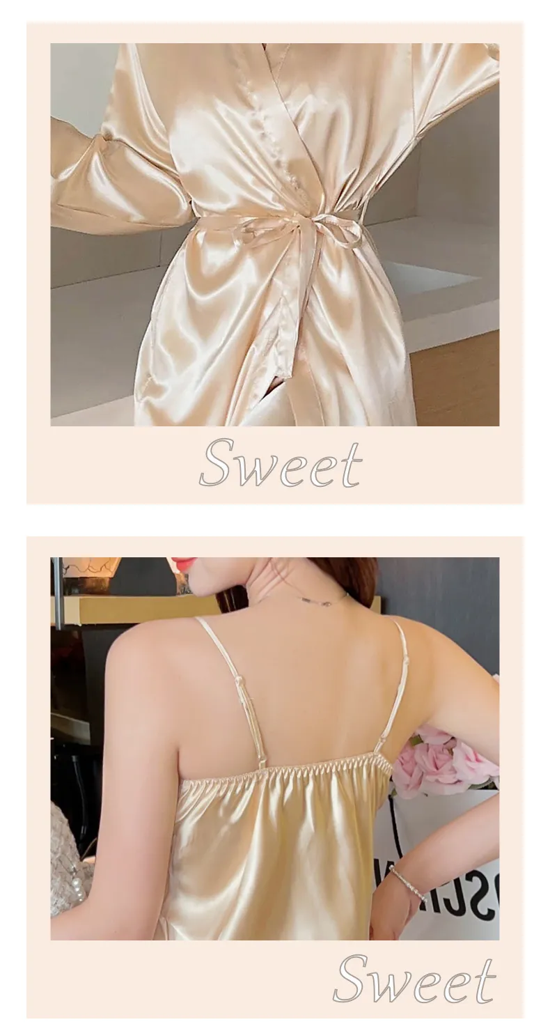 Shuimeifu Women's Sexy Western-Style Two-Piece Sleepwear Set, Floral Print Faux Silk Camisole Dress with Robe, Long Sleeve Spring/Autumn · Wholesale · OEM · Worldwide Shipping - Detail 4