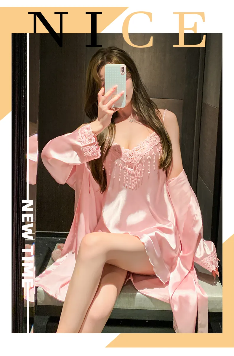 Shuimeifu Women's Sexy Western-Style Two-Piece Sleepwear Set, Solid Color Lace Trim Faux Silk Camisole Dress with Robe, Long Sleeve Spring/Autumn · Wholesale · OEM · Worldwide Shipping - Detail 27