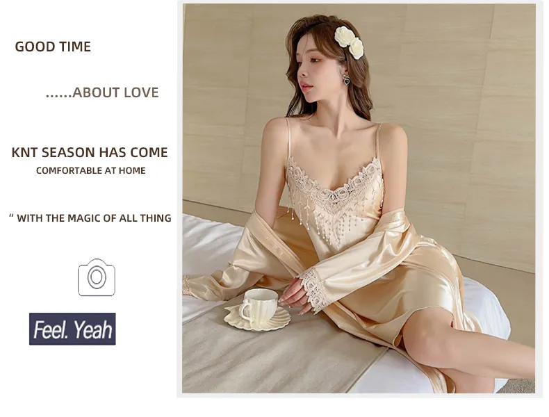 Shuimeifu Women's Sexy Western-Style Two-Piece Sleepwear Set, Solid Color Lace Trim Faux Silk Camisole Dress with Robe, Long Sleeve Spring/Autumn · Wholesale · OEM · Worldwide Shipping - Detail 8