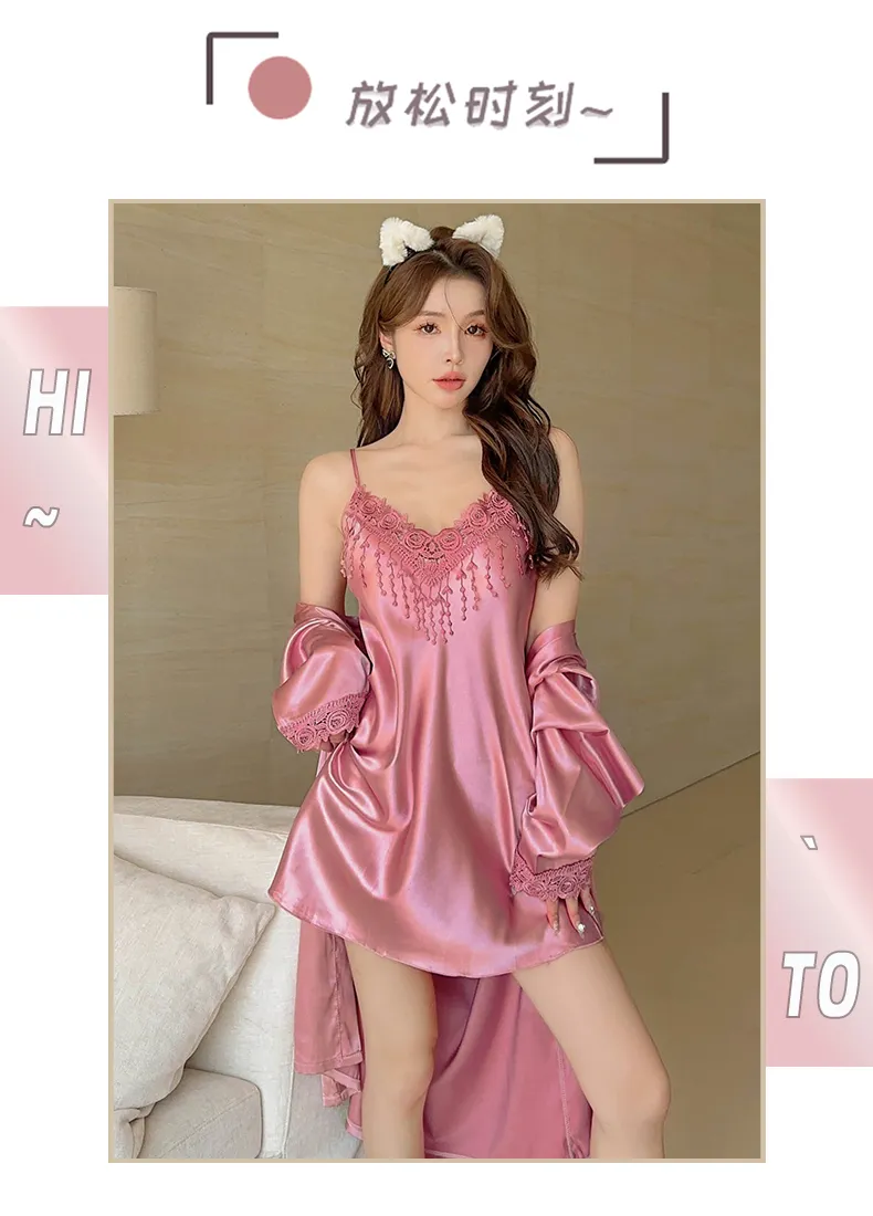 Shuimeifu Women's Sexy Western-Style Two-Piece Sleepwear Set, Solid Color Lace Trim Faux Silk Camisole Dress with Robe, Long Sleeve Spring/Autumn · Wholesale · OEM · Worldwide Shipping - Detail 31
