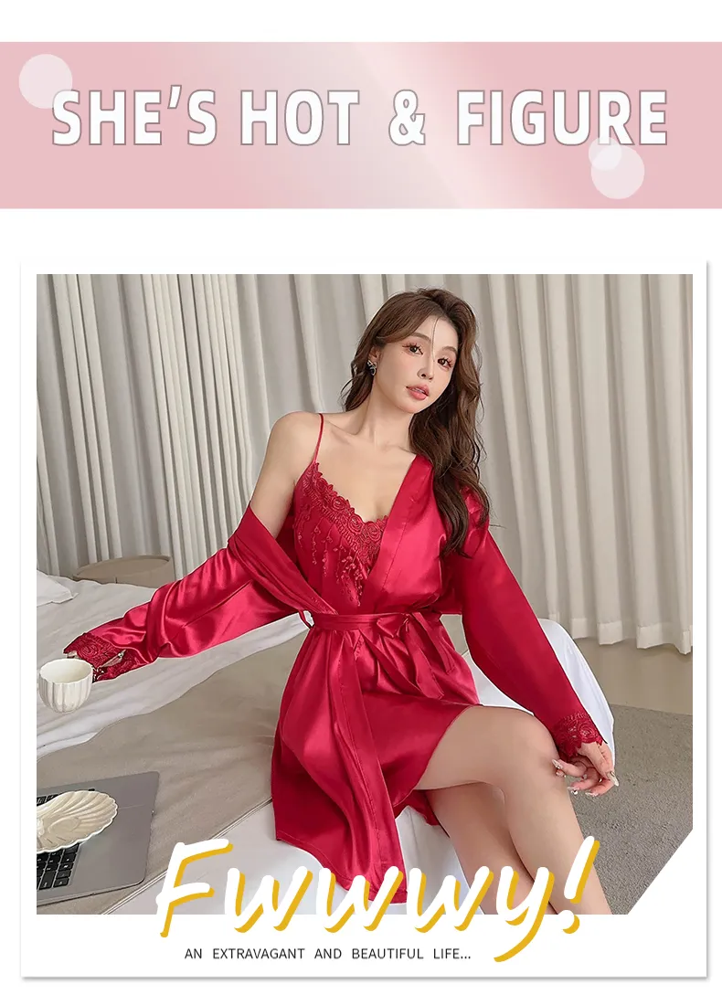 Shuimeifu Women's Sexy Western-Style Two-Piece Sleepwear Set, Floral Print Faux Silk Camisole Dress with Robe, Long Sleeve Spring/Autumn · Wholesale · OEM · Worldwide Shipping - Detail 13