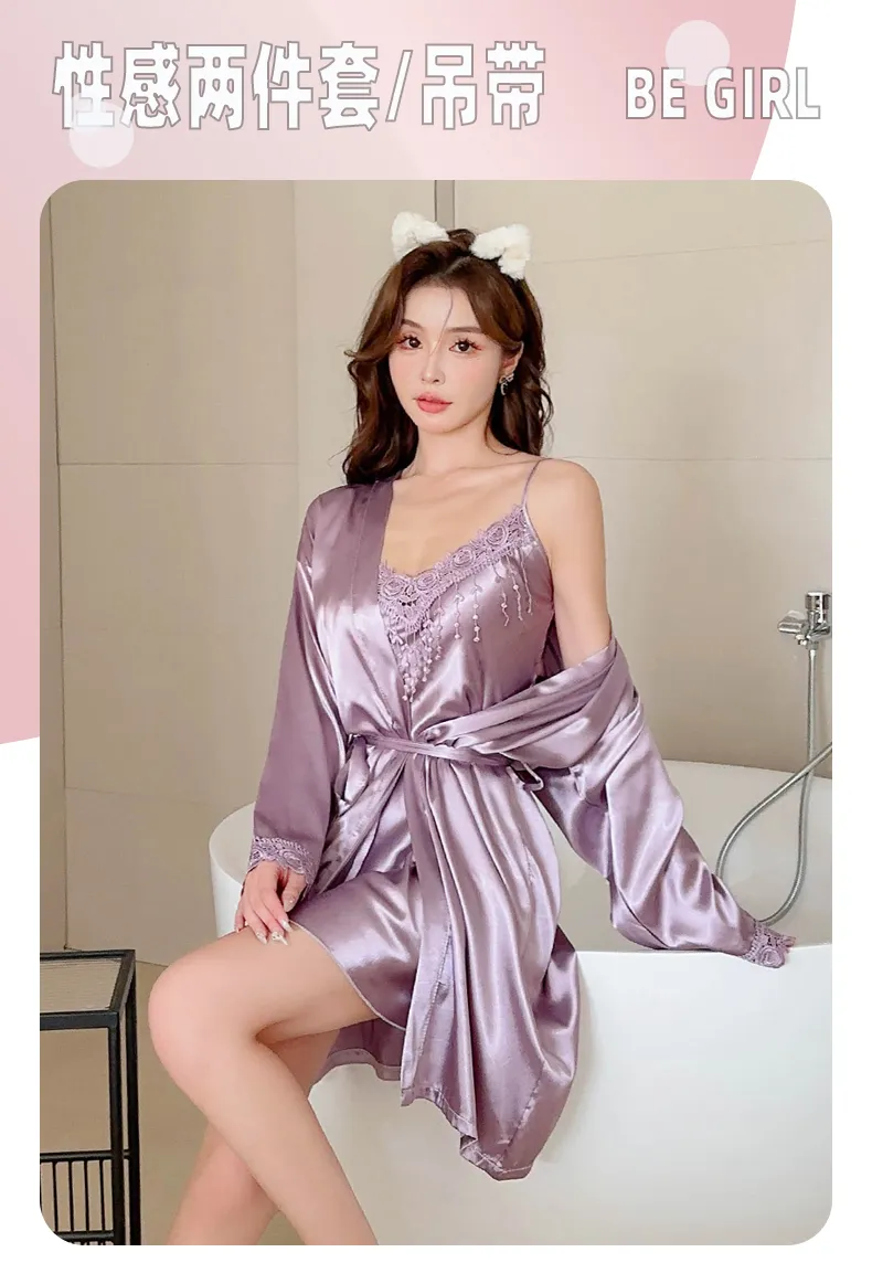 Shuimeifu Women's Sexy Western-Style Two-Piece Sleepwear Set, Floral Print Faux Silk Camisole Dress with Robe, Long Sleeve Spring/Autumn · Wholesale · OEM · Worldwide Shipping - Detail 17