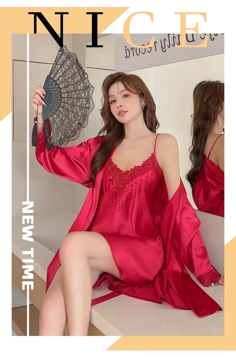 Shuimeifu Women's Sexy Western-Style Two-Piece Sleepwear Set, Solid Color Lace Trim Faux Silk Camisole Dress with Robe, Long Sleeve Spring/Autumn · Wholesale · OEM · Worldwide Shipping - Detail 11