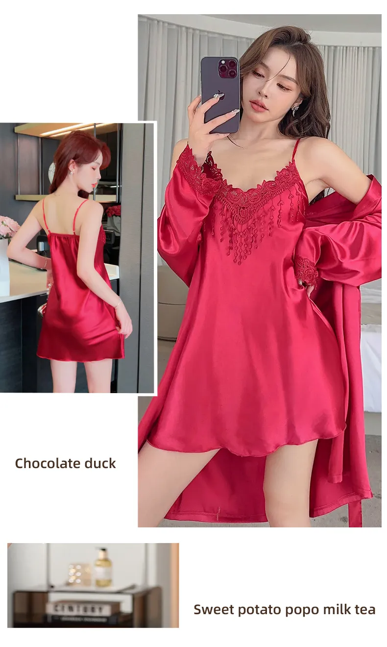 Shuimeifu Women's Sexy Western-Style Two-Piece Sleepwear Set, Solid Color Lace Trim Faux Silk Camisole Dress with Robe, Long Sleeve Spring/Autumn · Wholesale · OEM · Worldwide Shipping - Detail 12