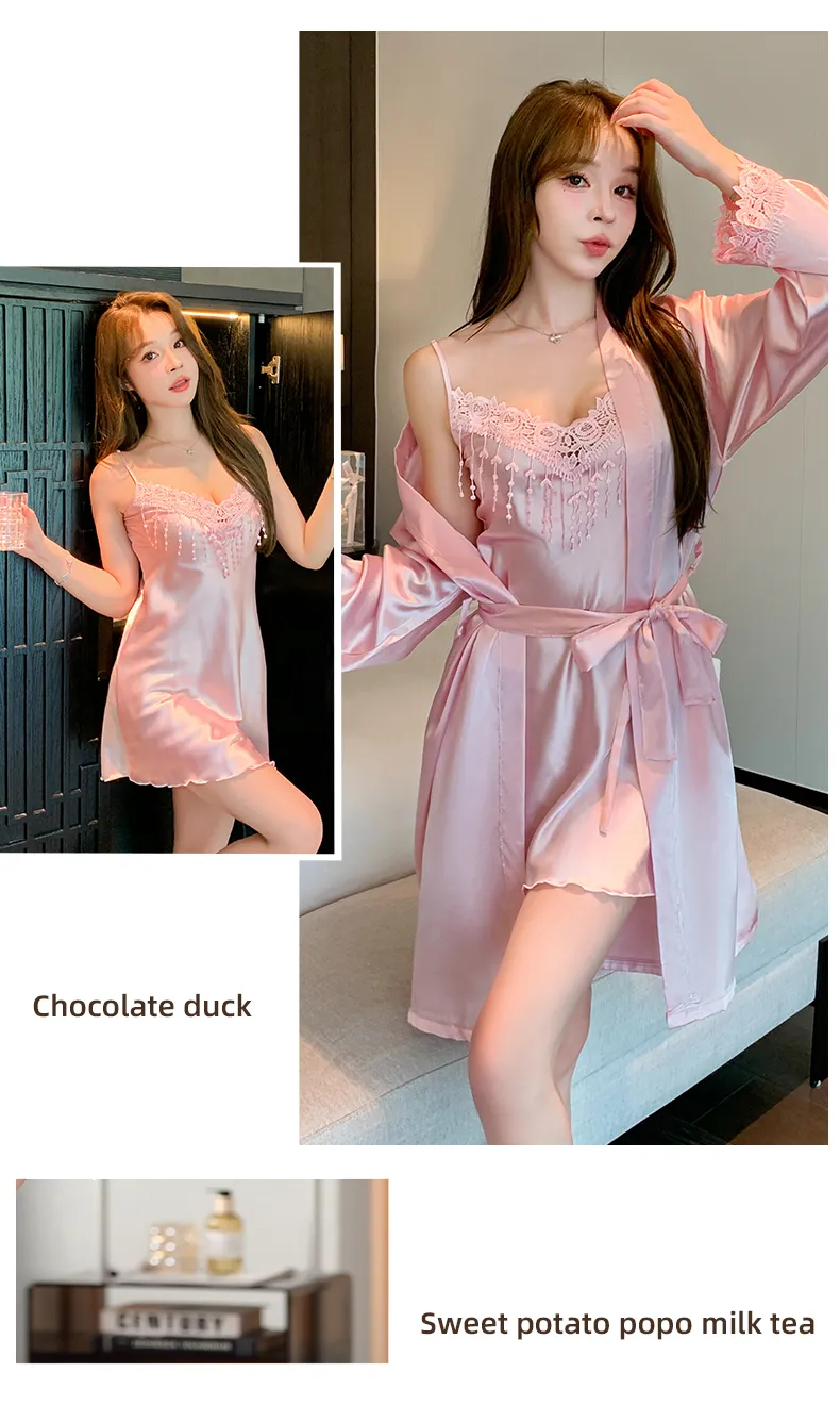 Shuimeifu Women's Sexy Western-Style Two-Piece Sleepwear Set, Floral Print Faux Silk Camisole Dress with Robe, Long Sleeve Spring/Autumn · Wholesale · OEM · Worldwide Shipping - Detail 28