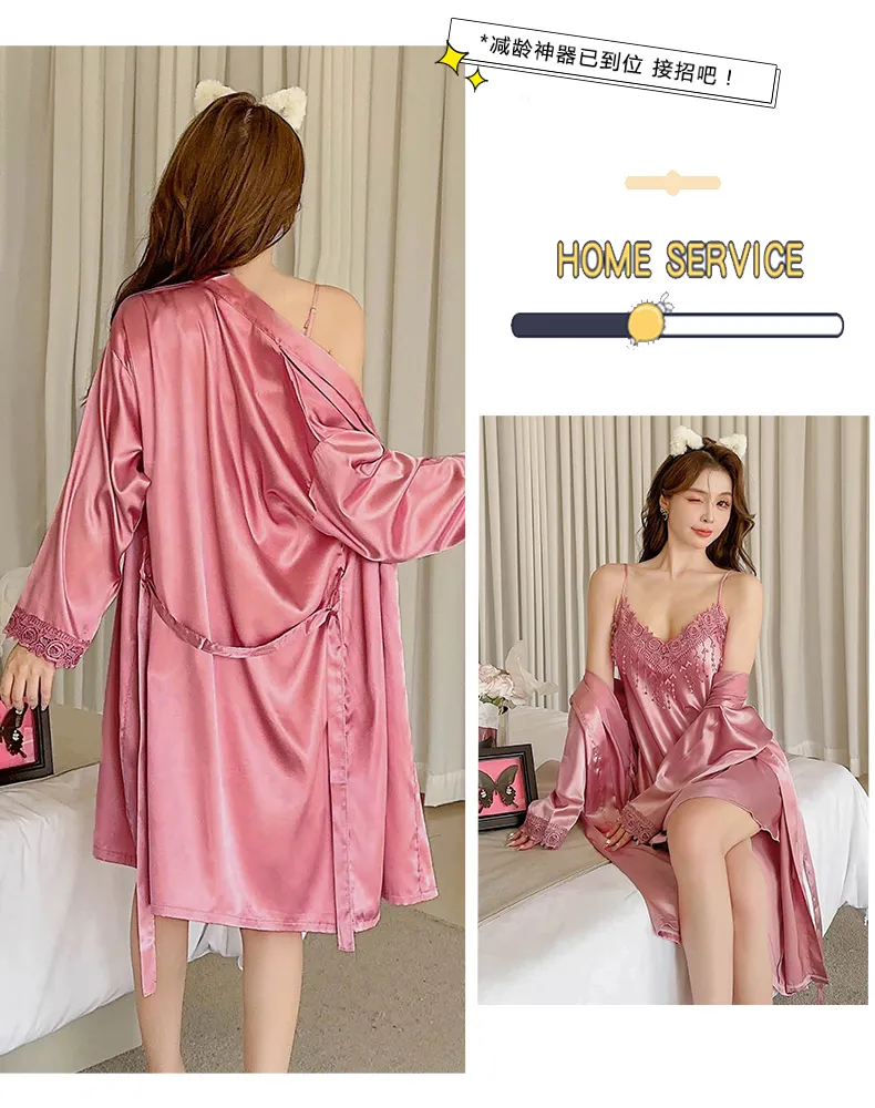 Shuimeifu Women's Sexy Western-Style Two-Piece Sleepwear Set, Solid Color Lace Trim Faux Silk Camisole Dress with Robe, Long Sleeve Spring/Autumn · Wholesale · OEM · Worldwide Shipping - Detail 32