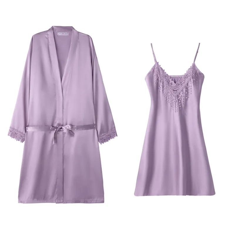Shuimeifu Women's Sexy Western-Style Two-Piece Sleepwear Set, Floral Print Faux Silk Camisole Dress with Robe, Long Sleeve Spring/Autumn · Wholesale · OEM · Worldwide Shipping - View 4