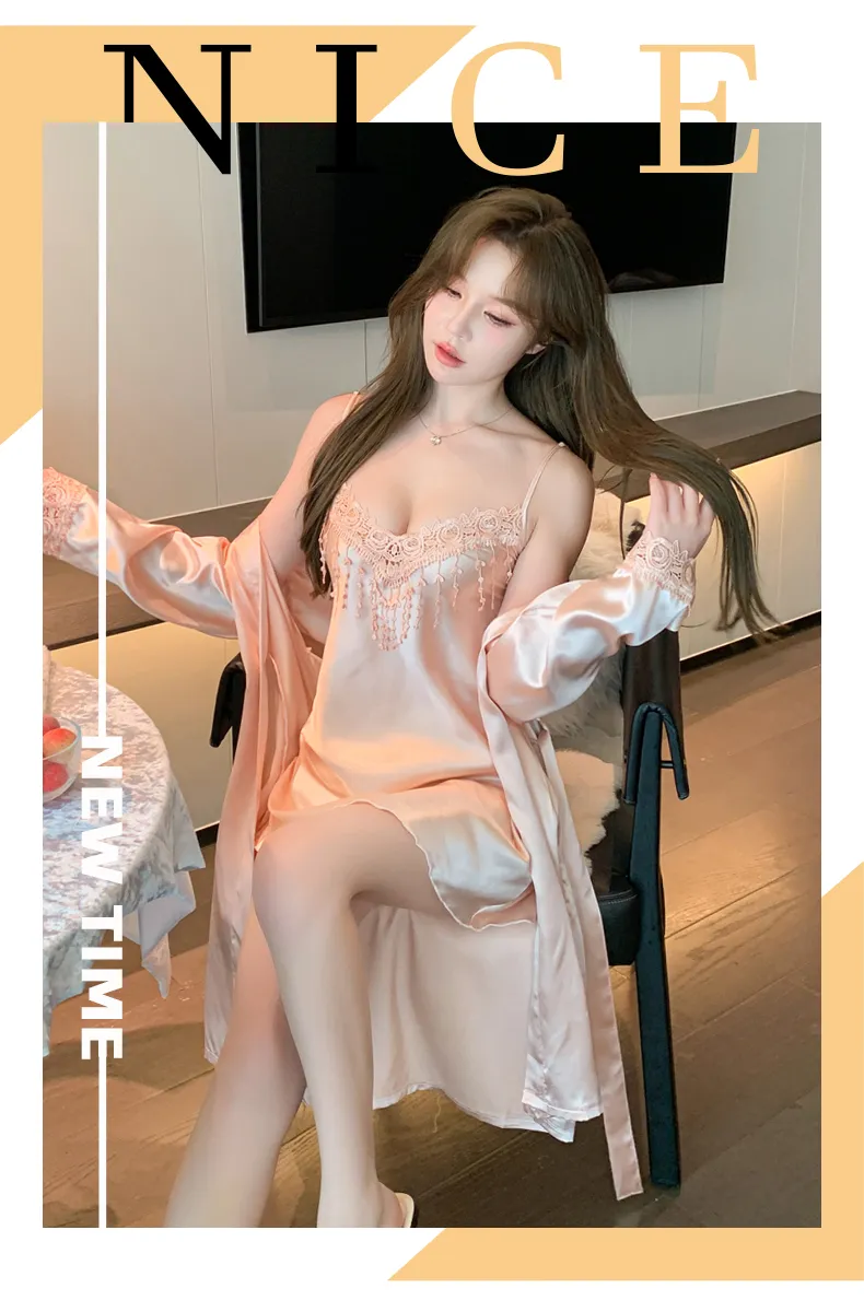 Shuimeifu Women's Sexy Western-Style Two-Piece Sleepwear Set, Solid Color Lace Trim Faux Silk Camisole Dress with Robe, Long Sleeve Spring/Autumn · Wholesale · OEM · Worldwide Shipping - Detail 19