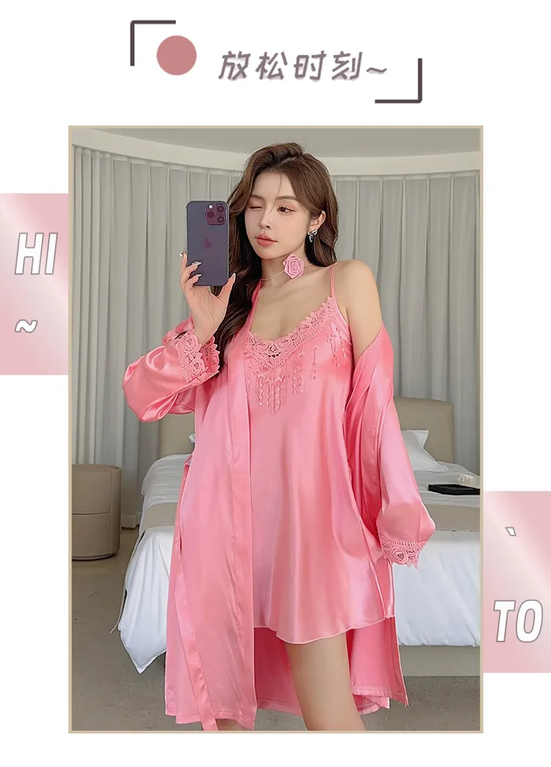 Shuimeifu Women's Sexy Western-Style Two-Piece Sleepwear Set, Solid Color Lace Trim Faux Silk Camisole Dress with Robe, Long Sleeve Spring/Autumn · Wholesale · OEM · Worldwide Shipping - Detail 23