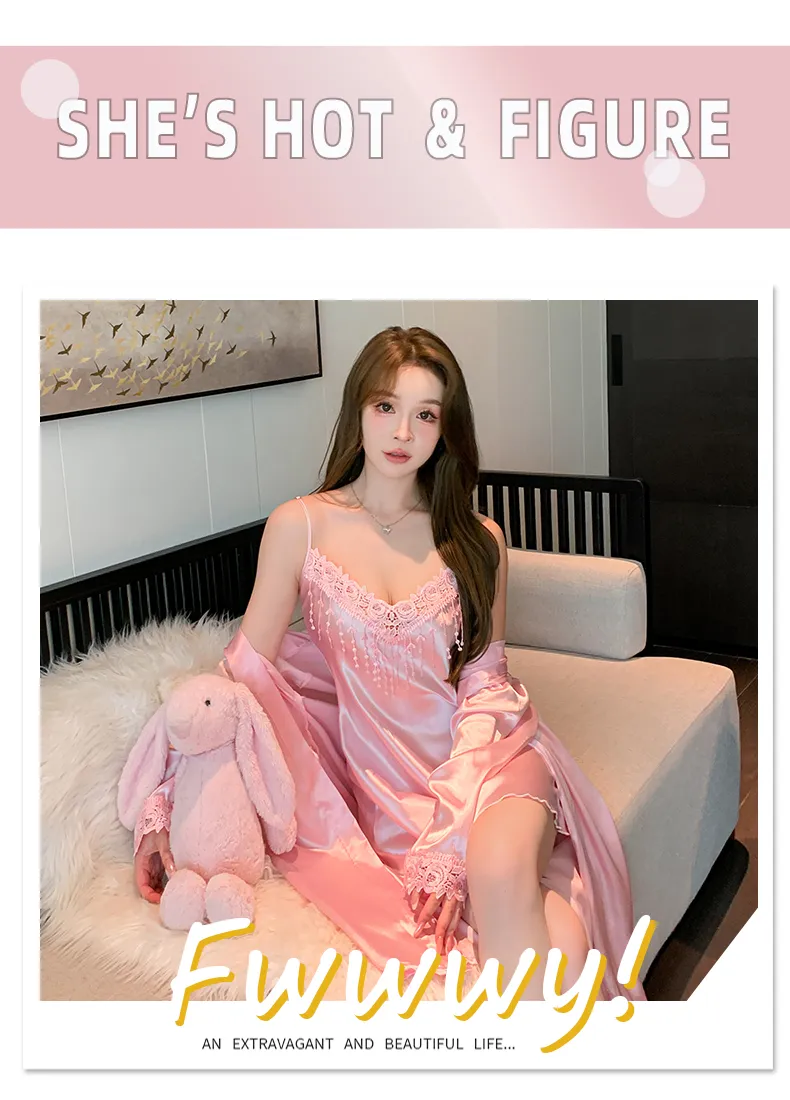 Shuimeifu Women's Sexy Western-Style Two-Piece Sleepwear Set, Floral Print Faux Silk Camisole Dress with Robe, Long Sleeve Spring/Autumn · Wholesale · OEM · Worldwide Shipping - Detail 29