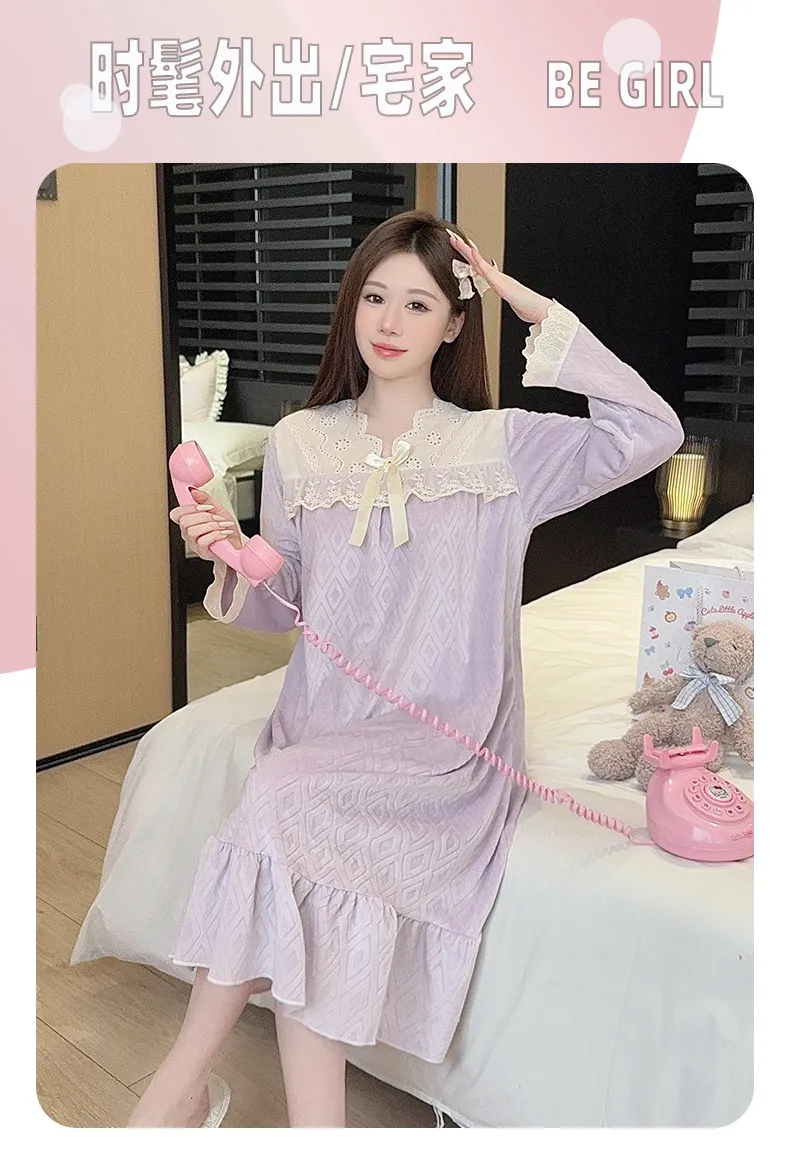 Shuimeifu French Elegant Palace Style Island Velvet Nightdress Women Autumn Winter Sweet Gentle High-End Homewear · Wholesale · OEM · Worldwide Shipping - Detail 17